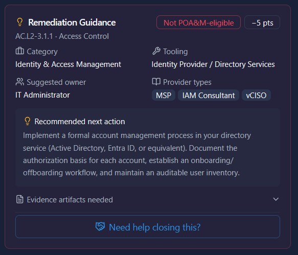 Remediation guidance panel for AC.L2-3.1.1: POA&M-eligibility, point value, category, suggested owner, recommended next action, and evidence artifacts.